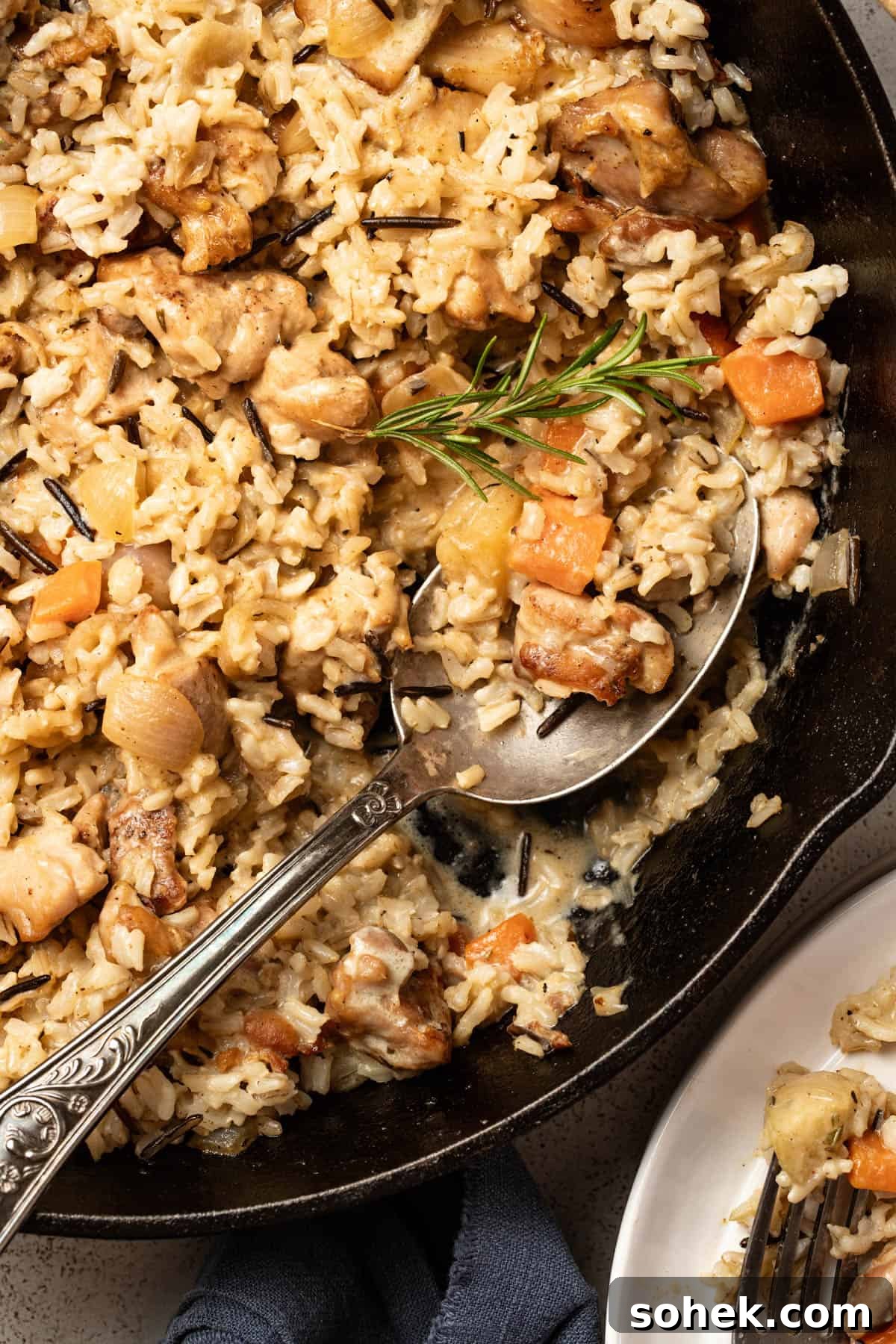 Dijon Chicken Skillet with Wild Rice and Veggies 9 A close up shot showing the texture of the wild rice with the chicken thighs and dijon sauce.