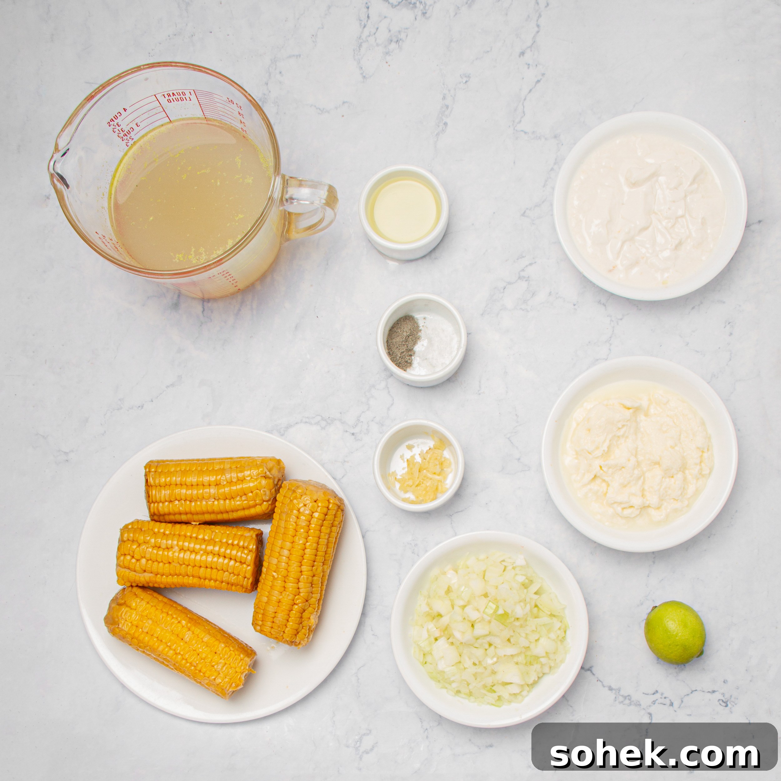 Mexican Street Corn Soup Recipe — Creamy Elote Chowder Tutorial 3 Ingredients for Mexican street corn soup in separate dishes.