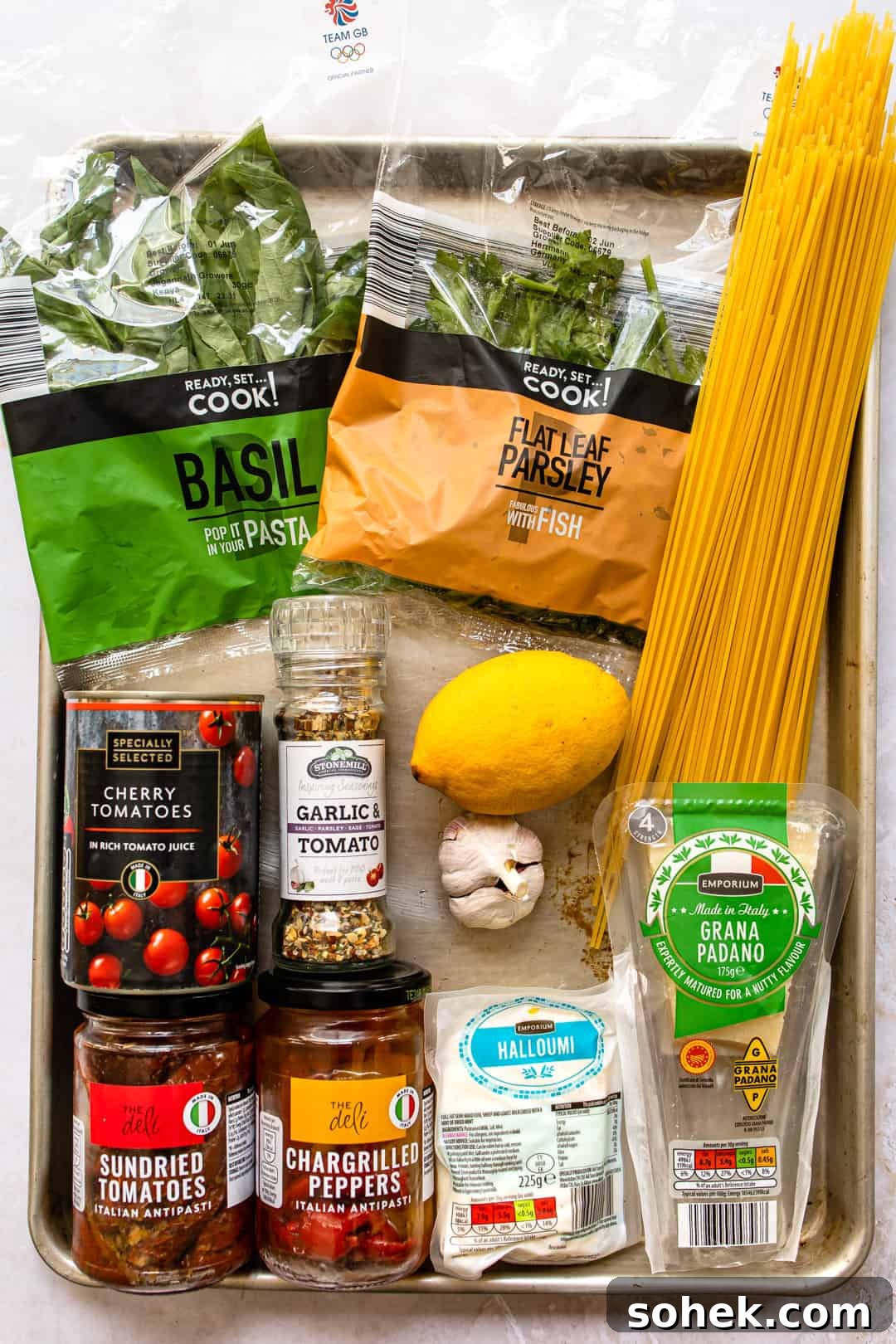 Ingredients for easy halloumi pasta in tomato sauce.