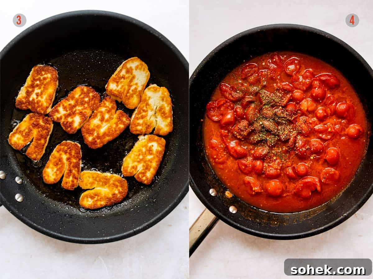 Pan fried halloumi and rich tomato sauce in a pan.