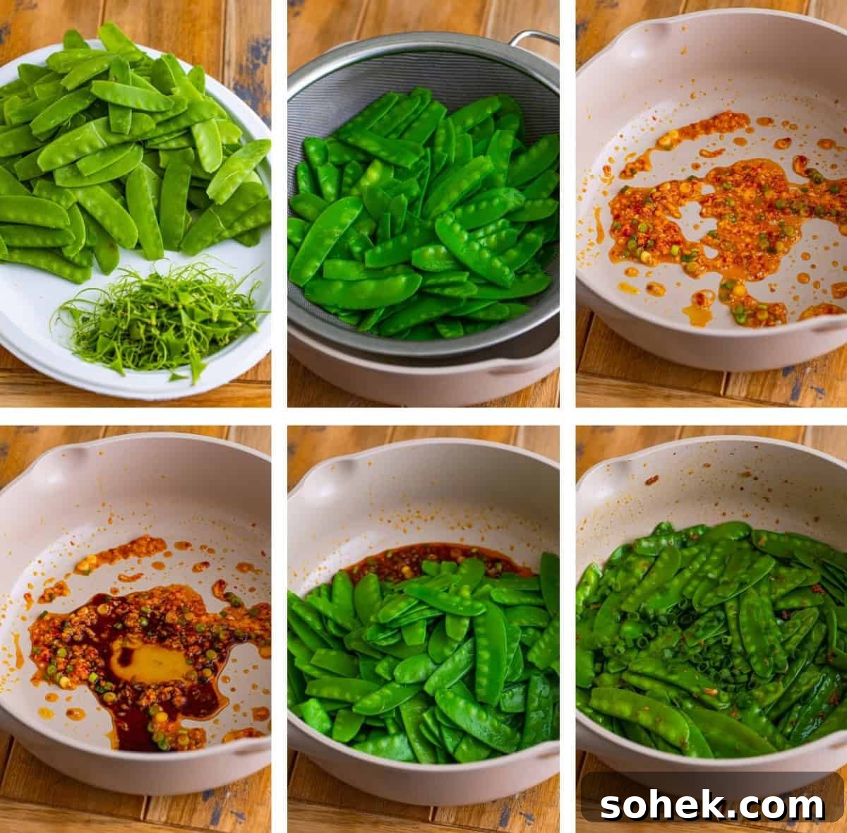 collage of images showing how to make snow peas recipe