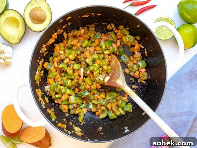 Hearty Sweet Potato Chili with Black Beans and Chipotle 15 flavor base with onion, garlic, celery, bell pepper and carrot.