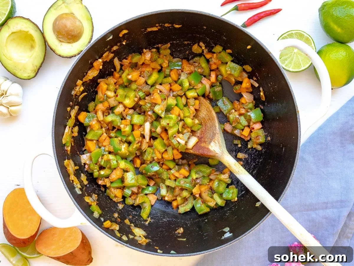 Hearty Sweet Potato Chili with Black Beans and Chipotle 6 flavor base with onion, garlic, celery, bell pepper and carrot.