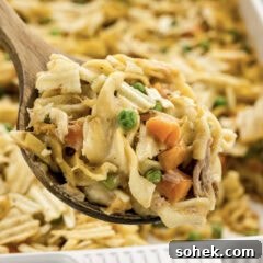 Close up photo of a spoonful of Tuna Casserole