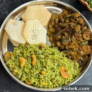 Coriander (Kothamalli) Rice Recipe — No Onion, No Garlic 2 Traditional coriander rice served with crispy snacks and flavorful spicy curry, no onion or garlic.