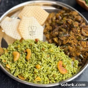 Coriander (Kothamalli) Rice Recipe — No Onion, No Garlic 7 Traditional coriander rice served with crispy papad and spicy vegetable curry.