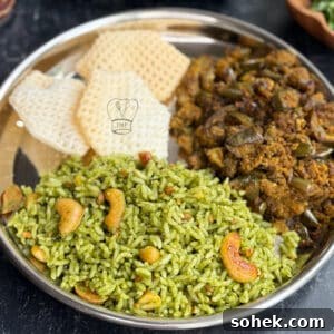 Coriander (Kothamalli) Rice Recipe — No Onion, No Garlic 4 Delicious coriander rice served with vegetable curry and crispy papad, perfect for a flavorful veget.