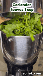 Coriander (Kothamalli) Rice Recipe — No Onion, No Garlic 5 Fresh coriander leaves in a stainless steel grinder for coriander rice recipe.