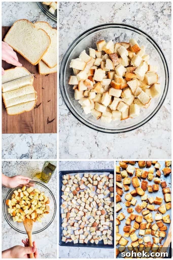 Crispy Homemade Croutons for Soup and Salad 4 Croutons on a baking sheet