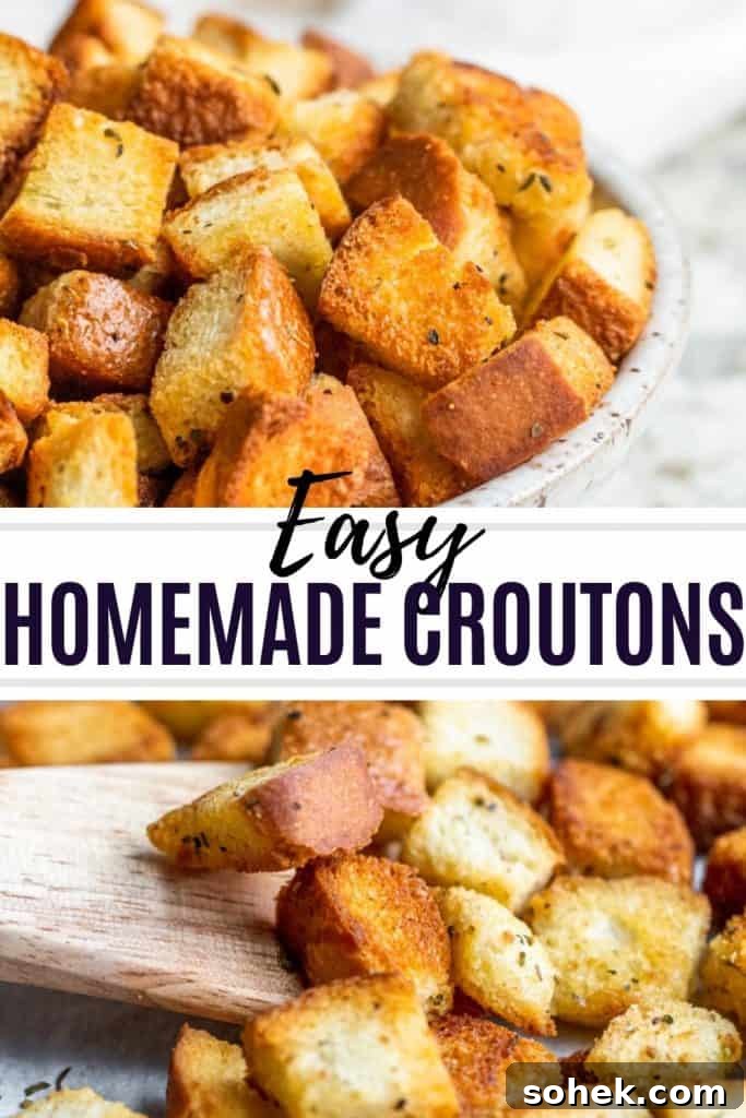 Crispy Homemade Croutons for Soup and Salad 9 Two images of croutons in a white bowl