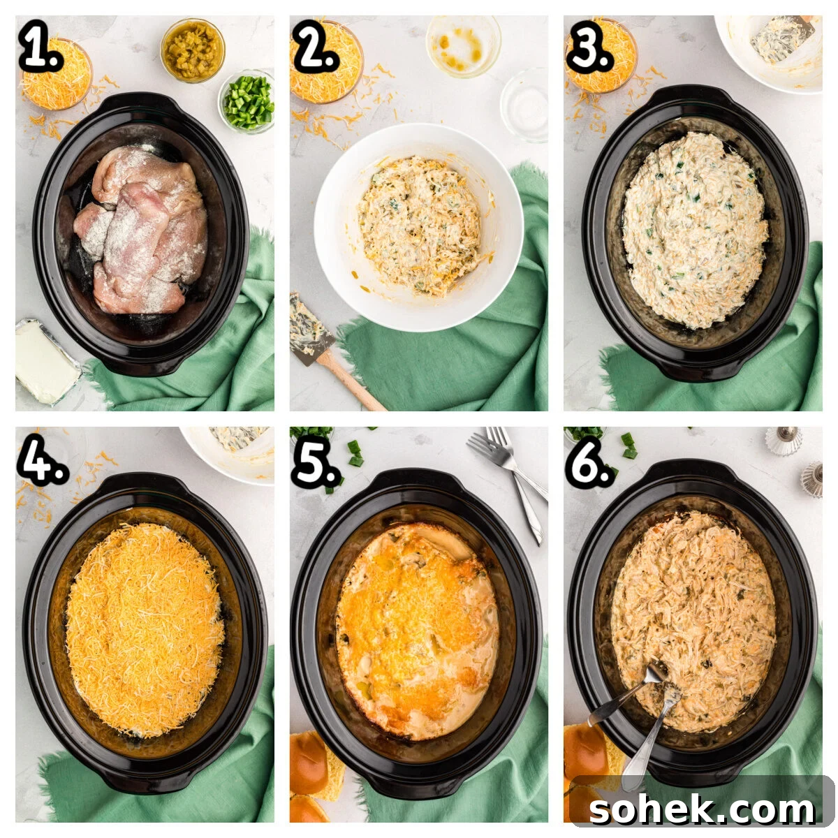 Slow Cooker Jalapeño Popper Chicken Recipe 4 Six images showing how to make jalapeno popper chicken in a crockpot.