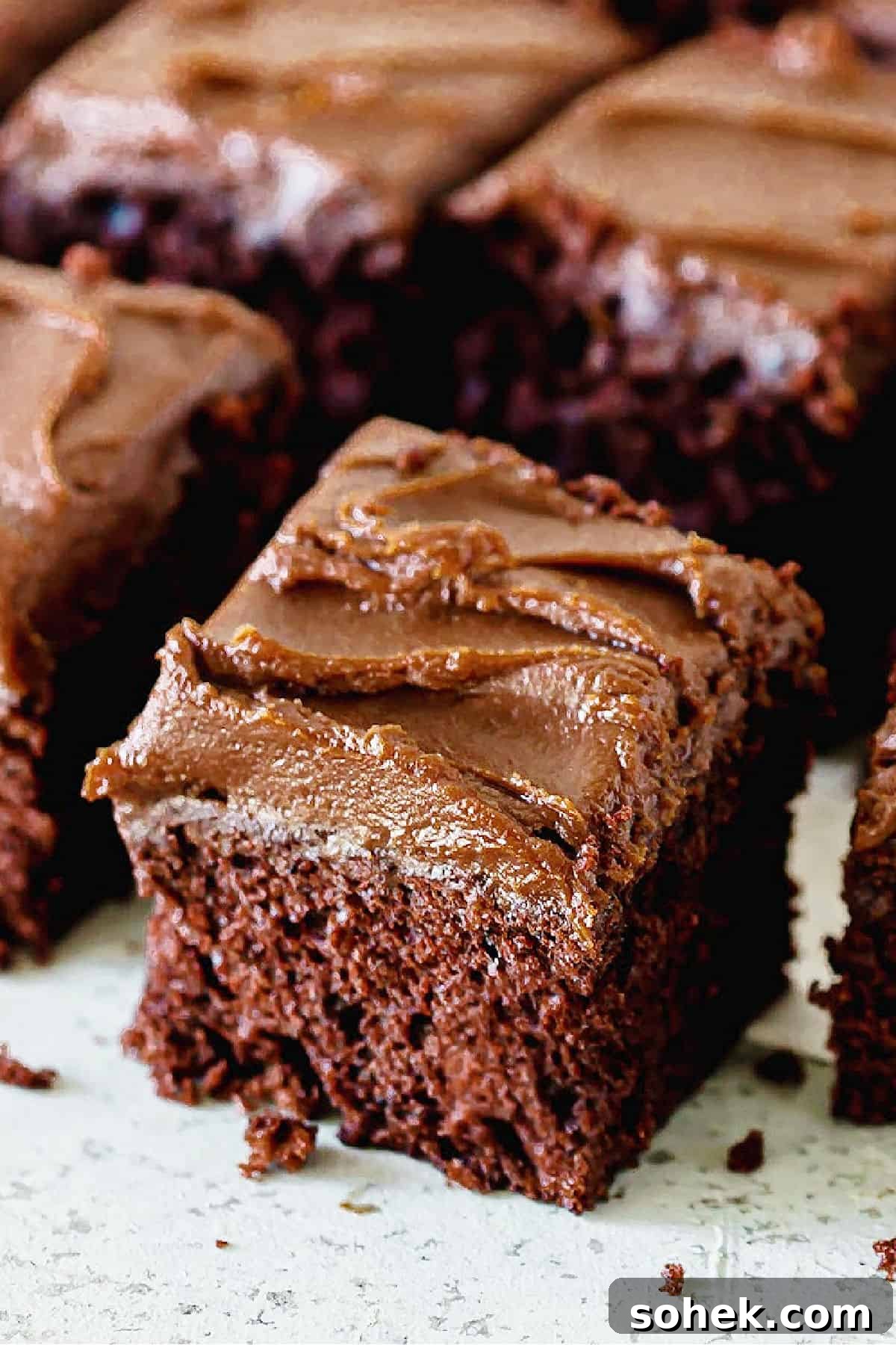 Decadent Chocolate Peanut Butter Frosting Recipe 2 Squares of chocolate cake with peanut butter chocolate frosting.