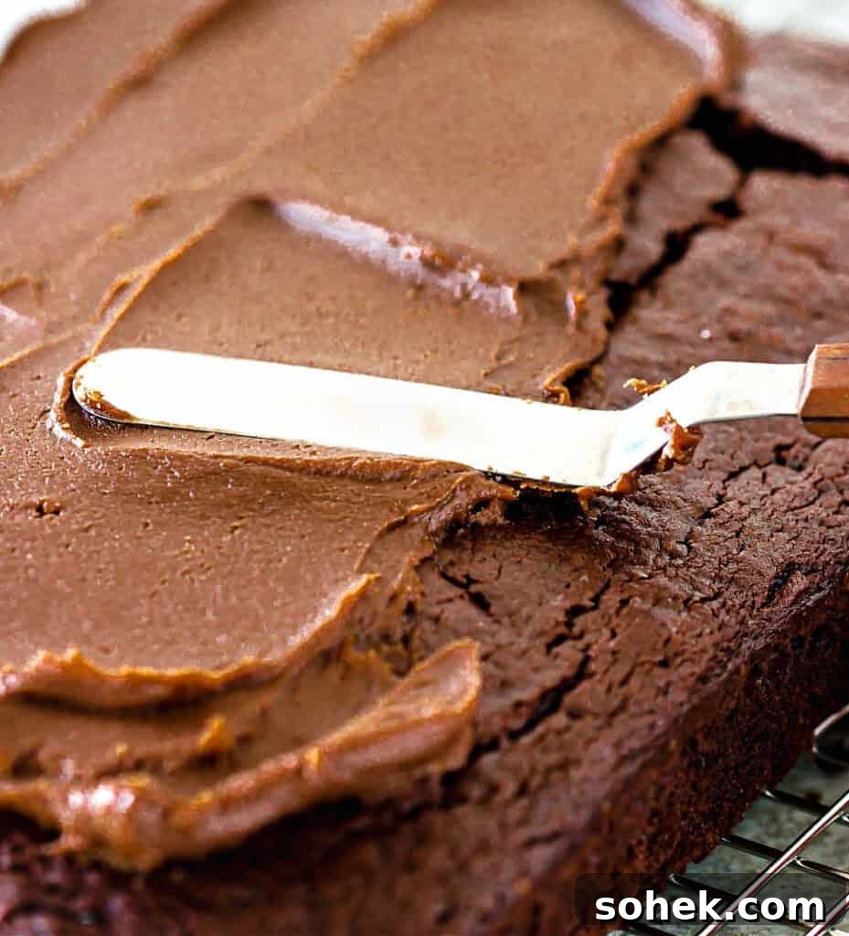 Decadent Chocolate Peanut Butter Frosting Recipe 5 Spreading chocolate peanut frosting with an offset spatula on a chocolate cake.