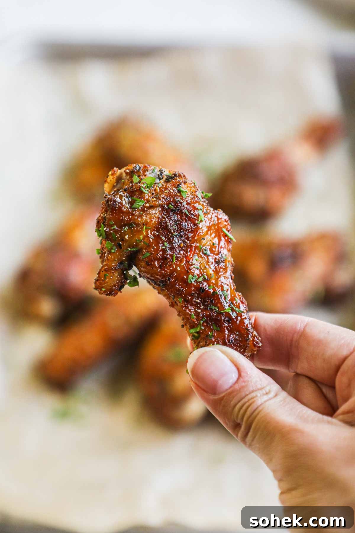 Hand holding dry rub chicken drummette made with a brown sugar dry rub.