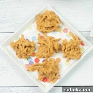 No-Bake Peanut Butter Haystack Cookies Recipe 14 Haystack Cookies on a serving plate.