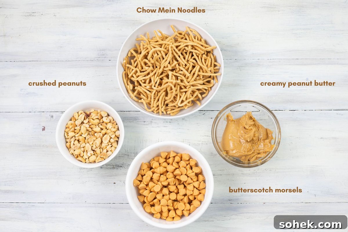 No-Bake Peanut Butter Haystack Cookies Recipe 3 Four ingredients needed to make Haystack cookies in individual bowls.
