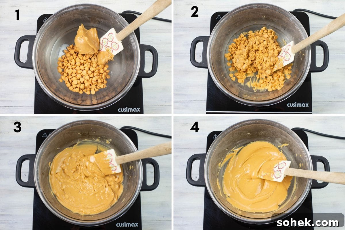 No-Bake Peanut Butter Haystack Cookies Recipe 4 Step by step photos of melting butterscotch with peanut butter in a double boiler.