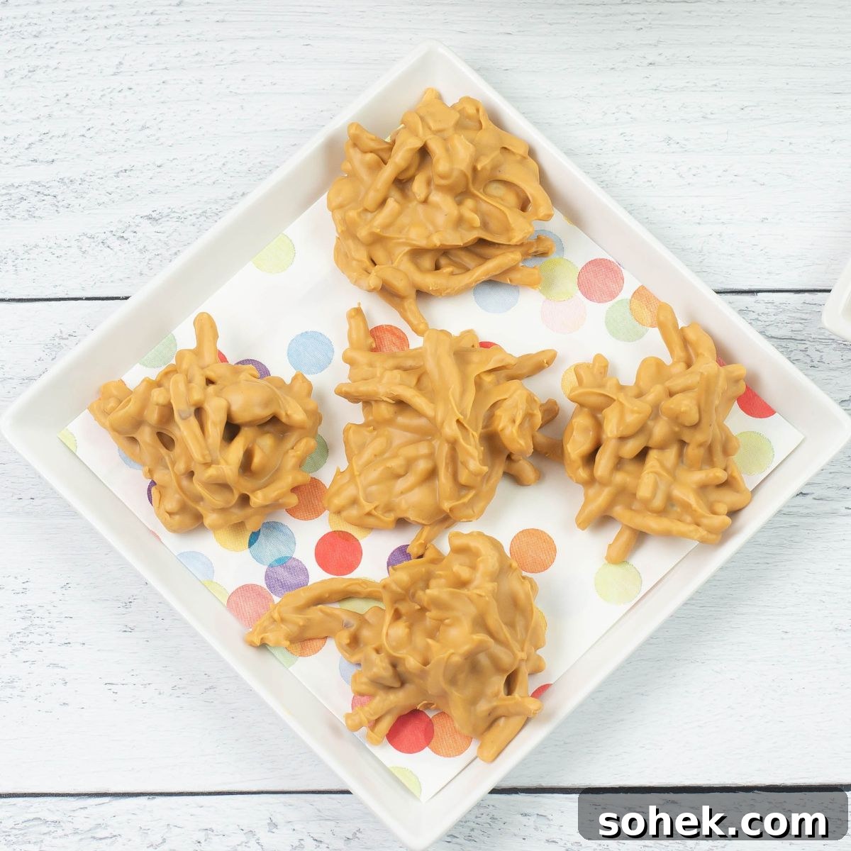No-Bake Peanut Butter Haystack Cookies Recipe 10 Haystack Cookies on a serving plate.