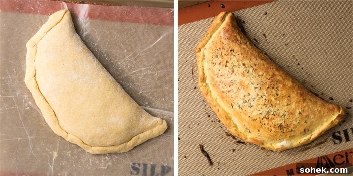 30-Minute Keto Calzones: Gluten-Free, Dairy-Free Pizza Turnovers 4 Keto calzone on a baking tray before and after baking