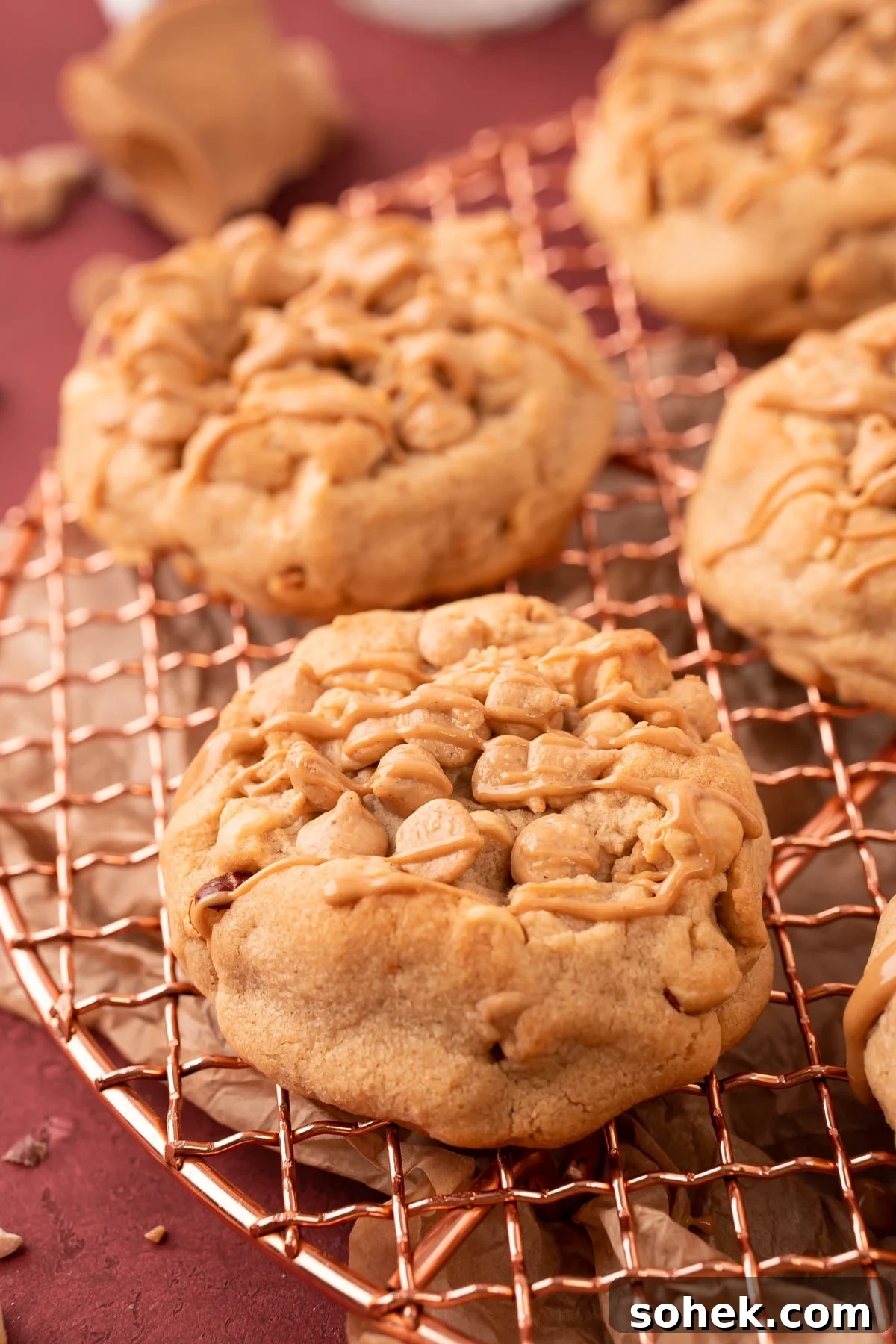 Bakery-Style Peanut Butter Cookies Recipe 2 Thick Triple Peanut Butter Cookies on a copper wire rack.