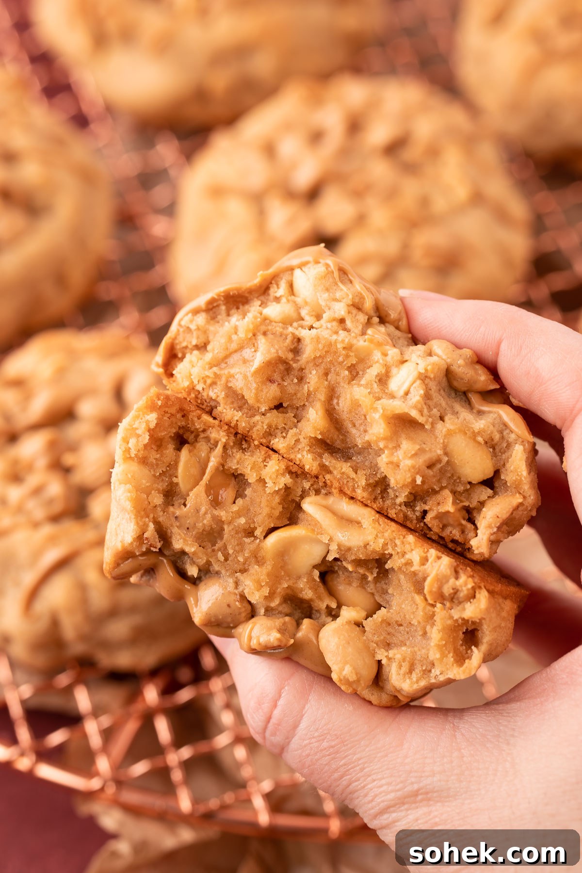 Bakery-Style Peanut Butter Cookies Recipe 3 A woman's hand holding two halves of a triple peanut butter cookie to reveal the inside.