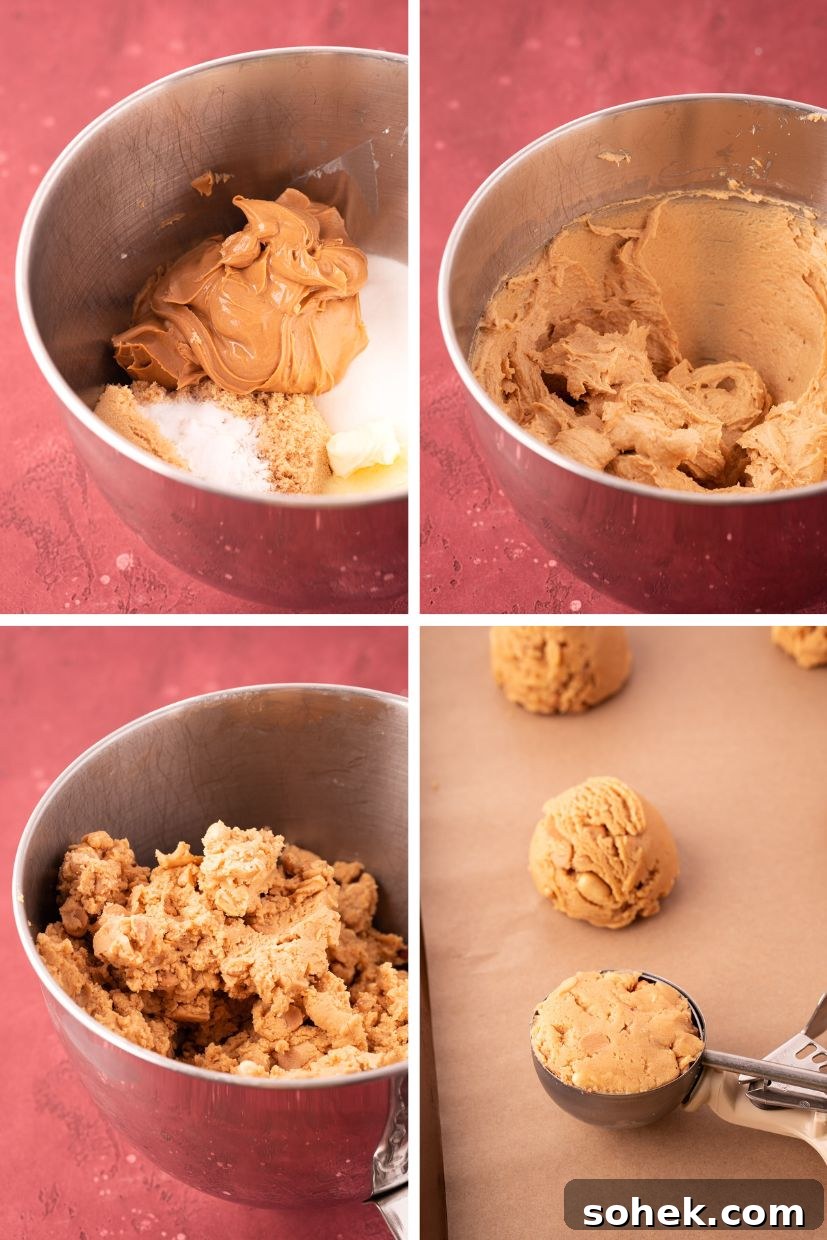 Bakery-Style Peanut Butter Cookies Recipe 5 Step by step photo collage showing how to make triple peanut butter cookies.