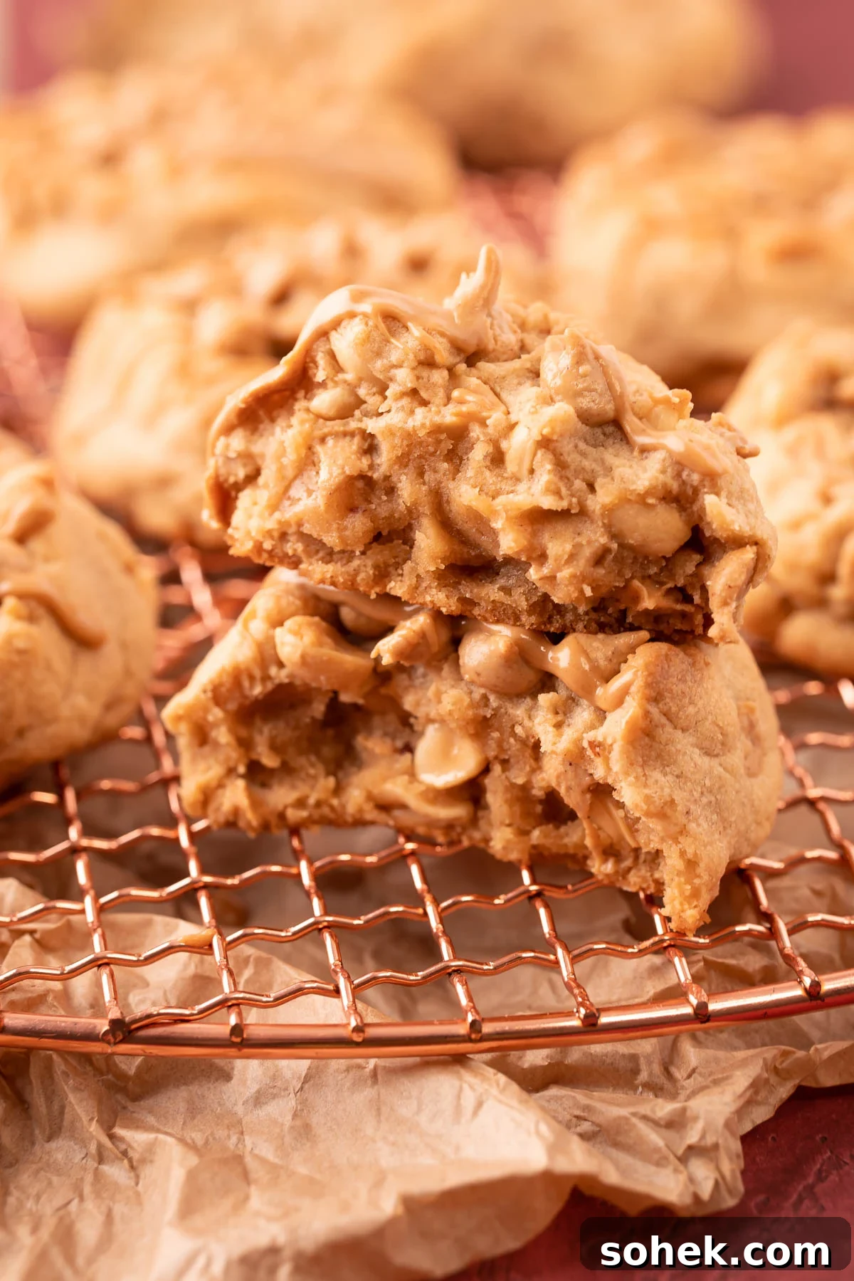 Bakery-Style Peanut Butter Cookies Recipe 8 A thick triple peanut butter cookies that's been broken in half and the halves are stacked on top of each other.