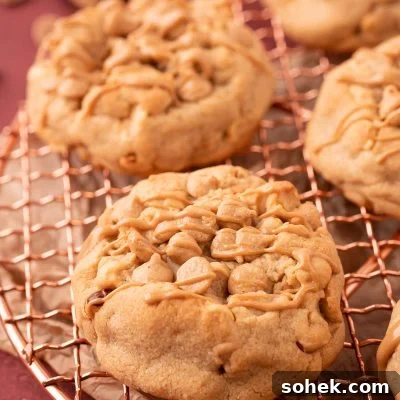 Bakery-Style Peanut Butter Cookies Recipe 9 Thick Triple Peanut Butter Cookies on a copper wire rack.