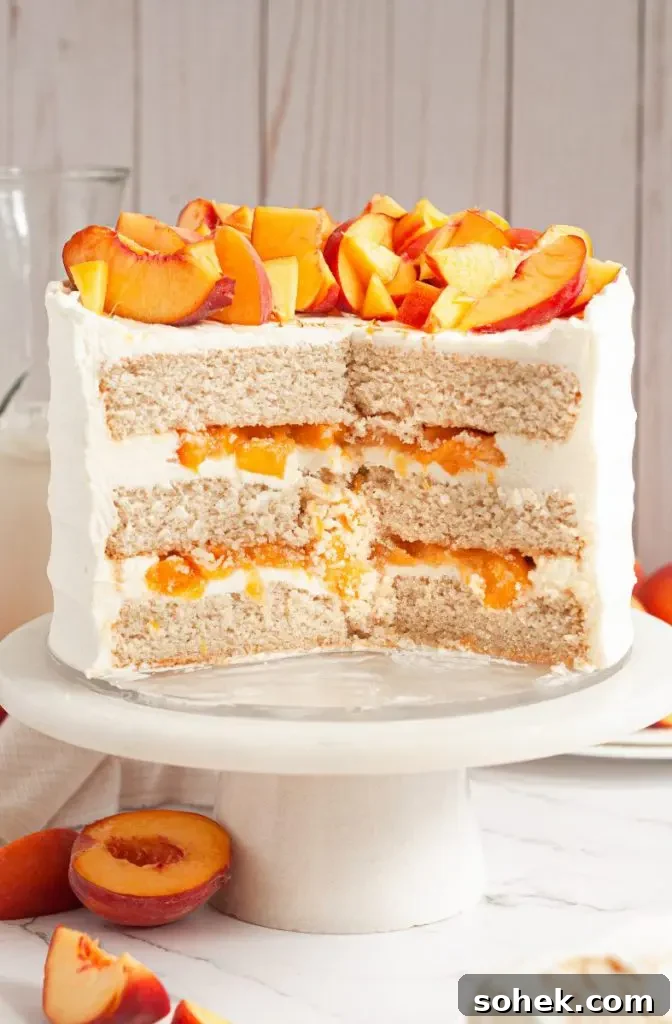 Gluten-Free Dairy-Free Peach Cupcakes: Moist Summer Dessert 9 A gluten-free peach layer cake with several slices cut out. You can see the inside three cake layers with peach filling and cream cheese frosting. It's topped with fresh peach slices.