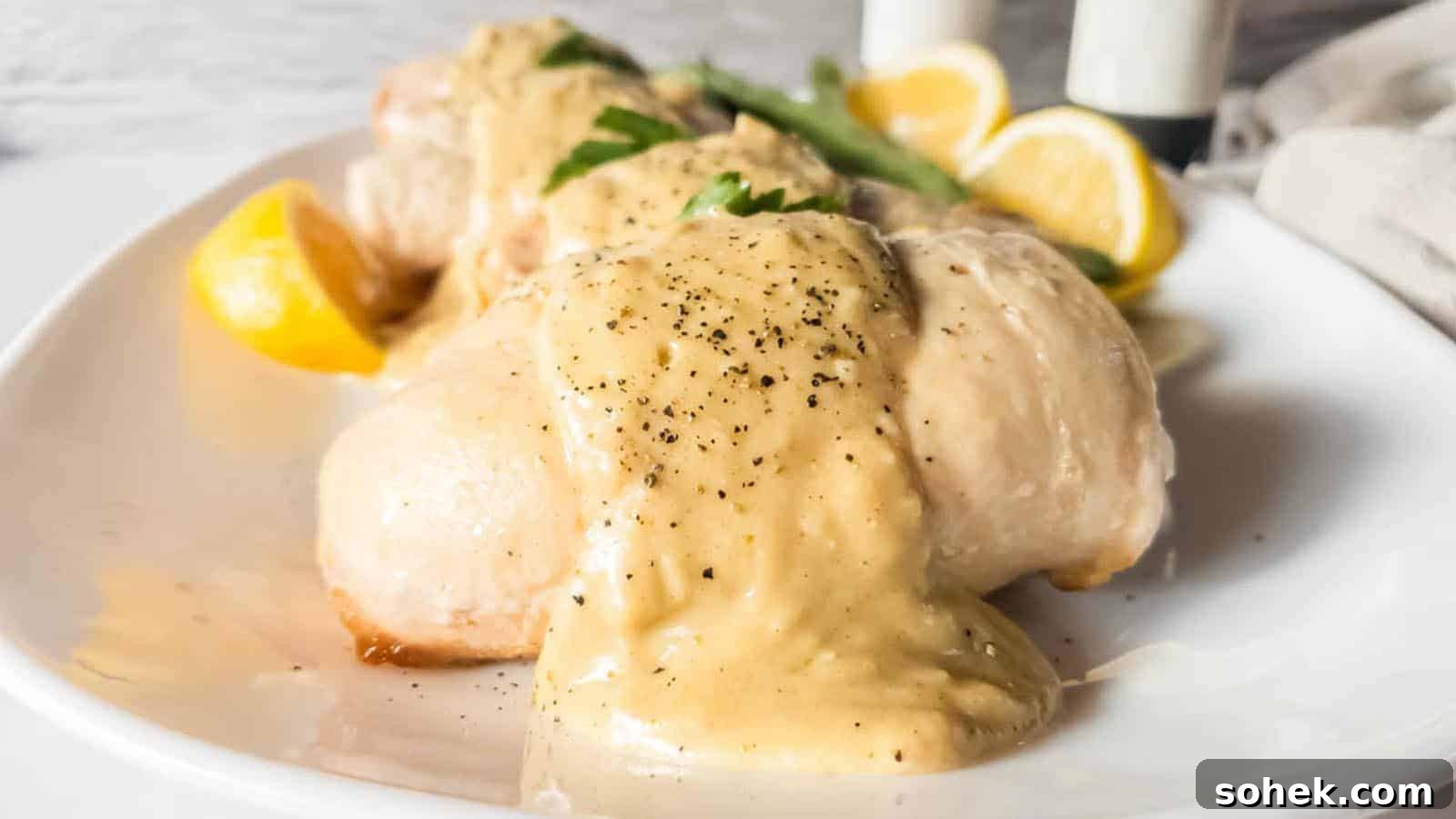 A picture of chicken breasts with cheese sauce on a white plate.
