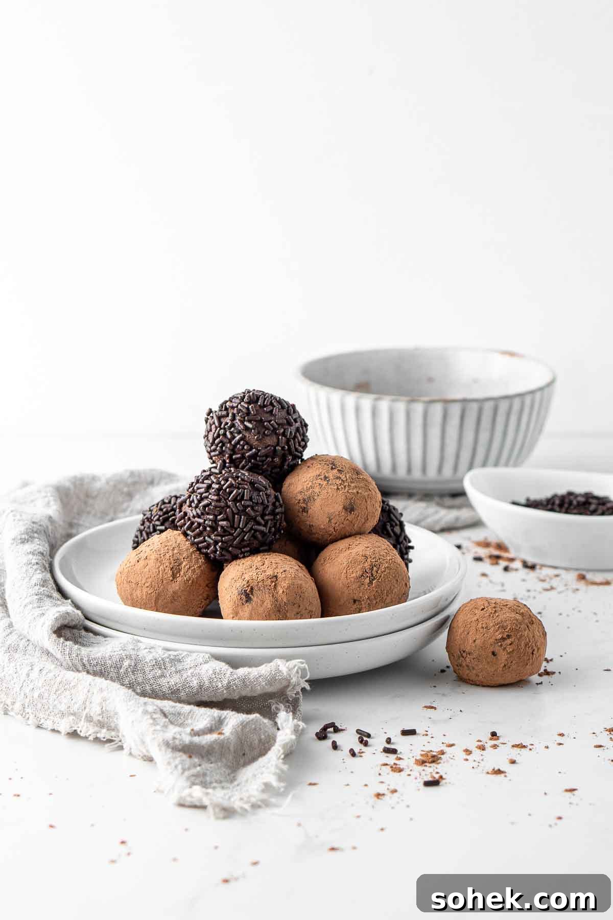 Decadent Vegan Chocolate Truffles Recipe for Rich, Dairy-Free Treats 2 Vegan chocolate truffles served on a white plate coated in chocolate sprinkles and cocoa powder.