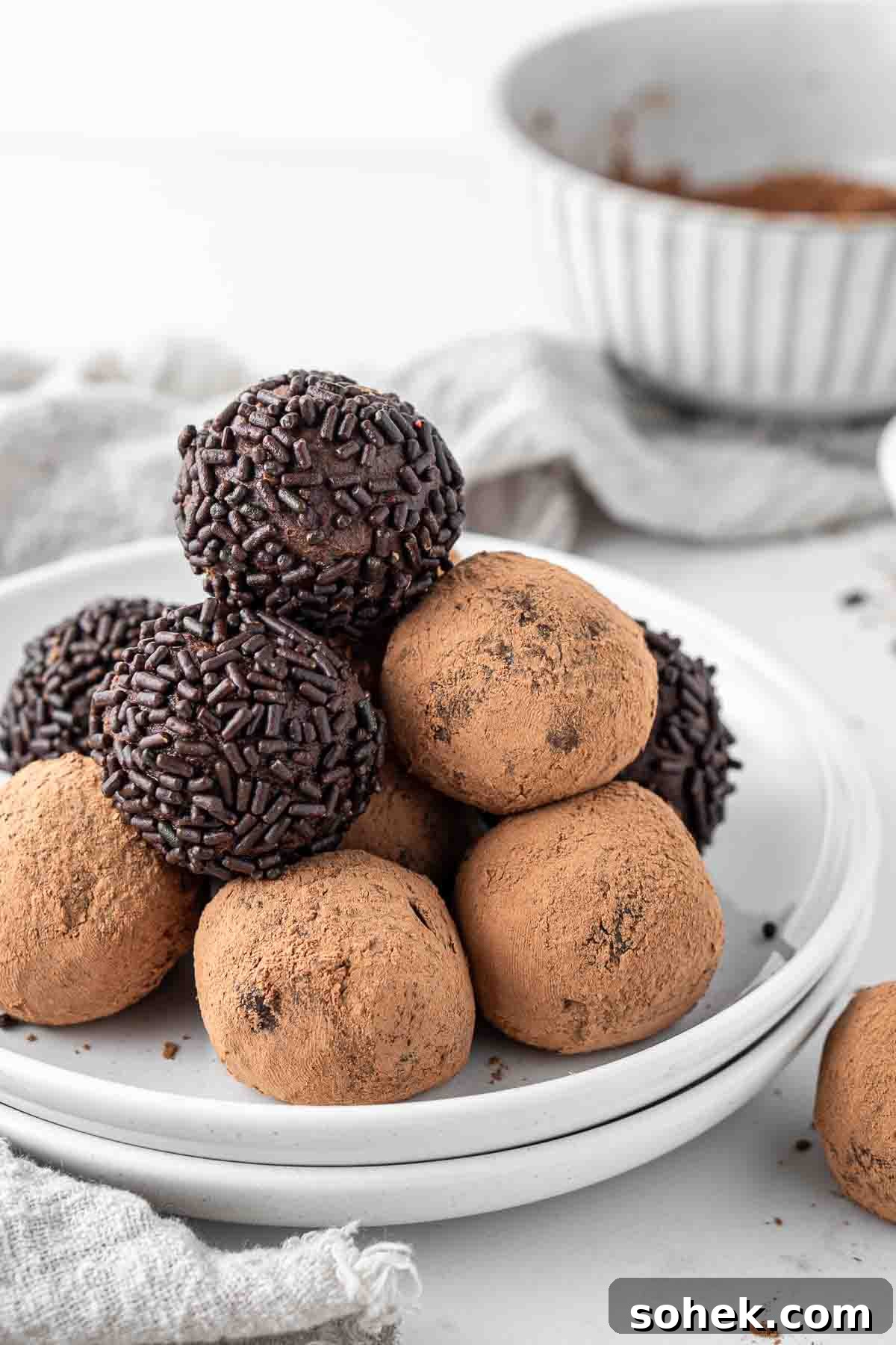 Decadent Vegan Chocolate Truffles Recipe for Rich, Dairy-Free Treats 7 Vegan chocolate truffles on a plate coated in chocolate sprinkles and cocoa powder.