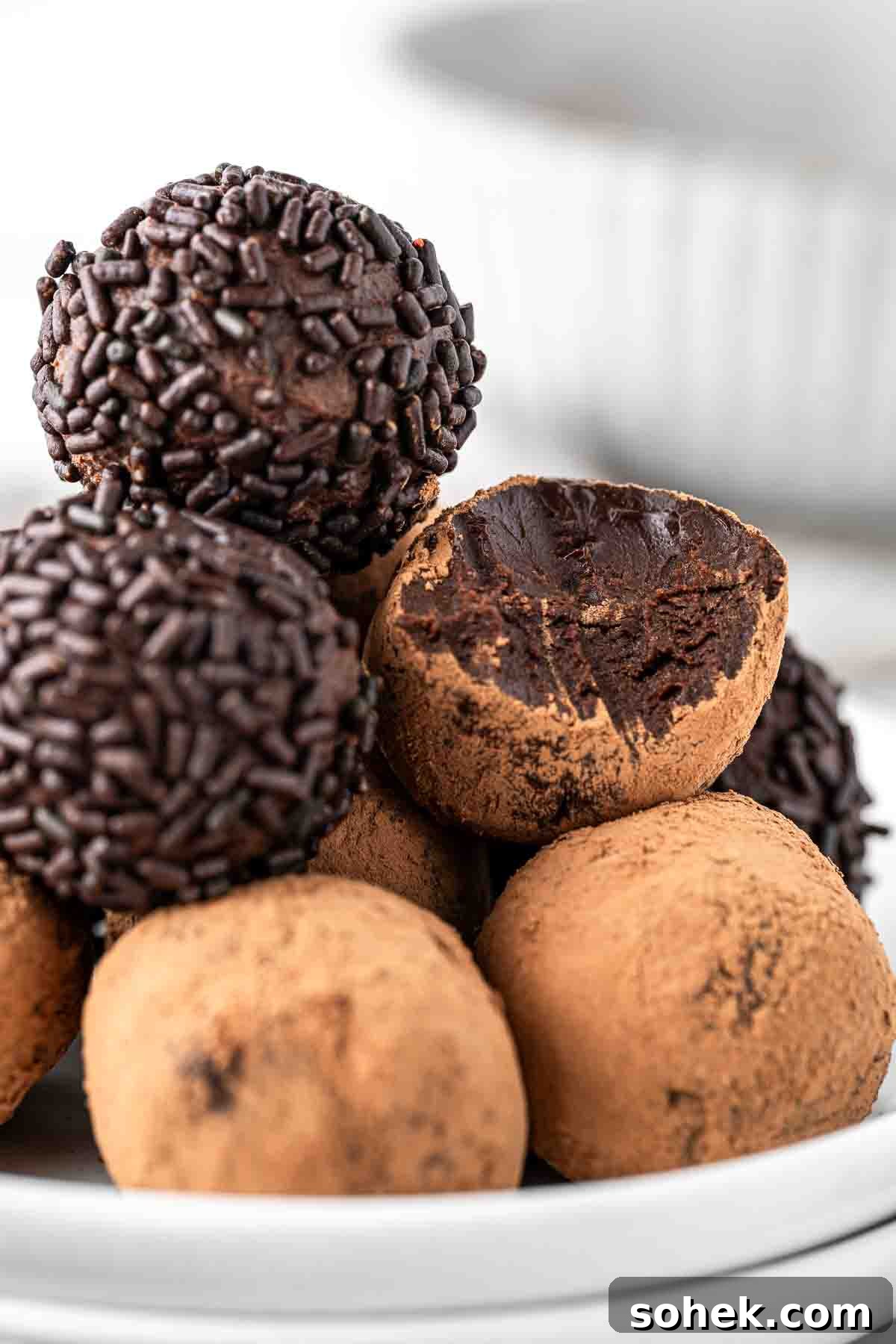 Decadent Vegan Chocolate Truffles Recipe for Rich, Dairy-Free Treats 8 Close up of vegan chocolate truffles on a plate with a bite taken.
