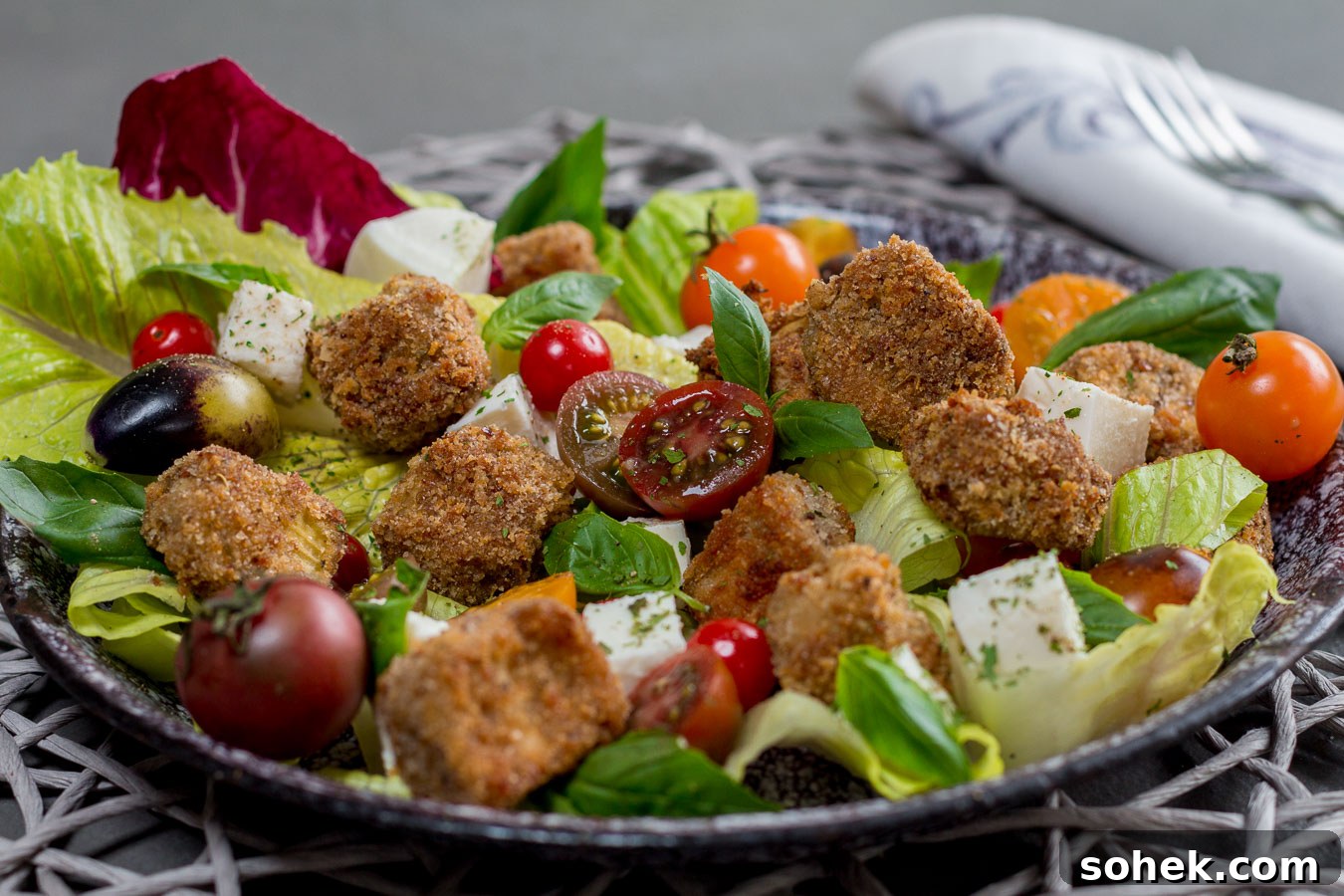Deconstructed Eggplant Parmesan Salad: Crisp Layers of Flavor 3 Finished salad drizzled with Italian dressing