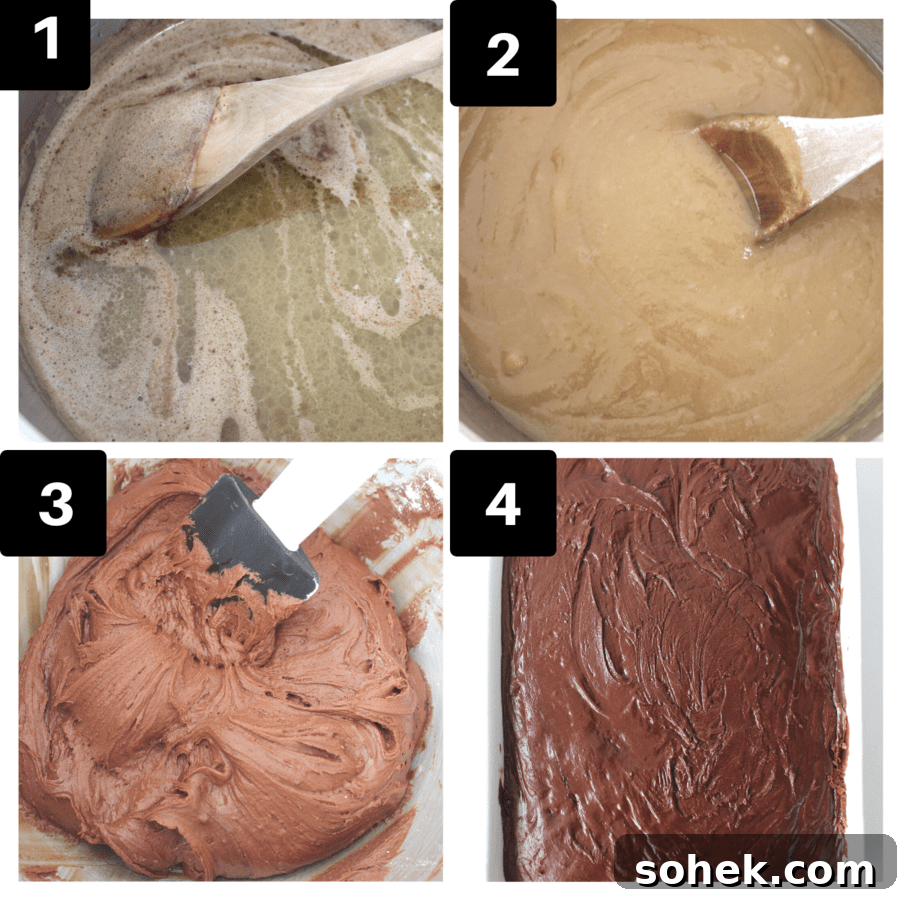 Copycat Cracker Barrel Coca-Cola Cake Recipe You’ll Love 4 a four image collage showing the steps to make a chocolate cake with coca cola.