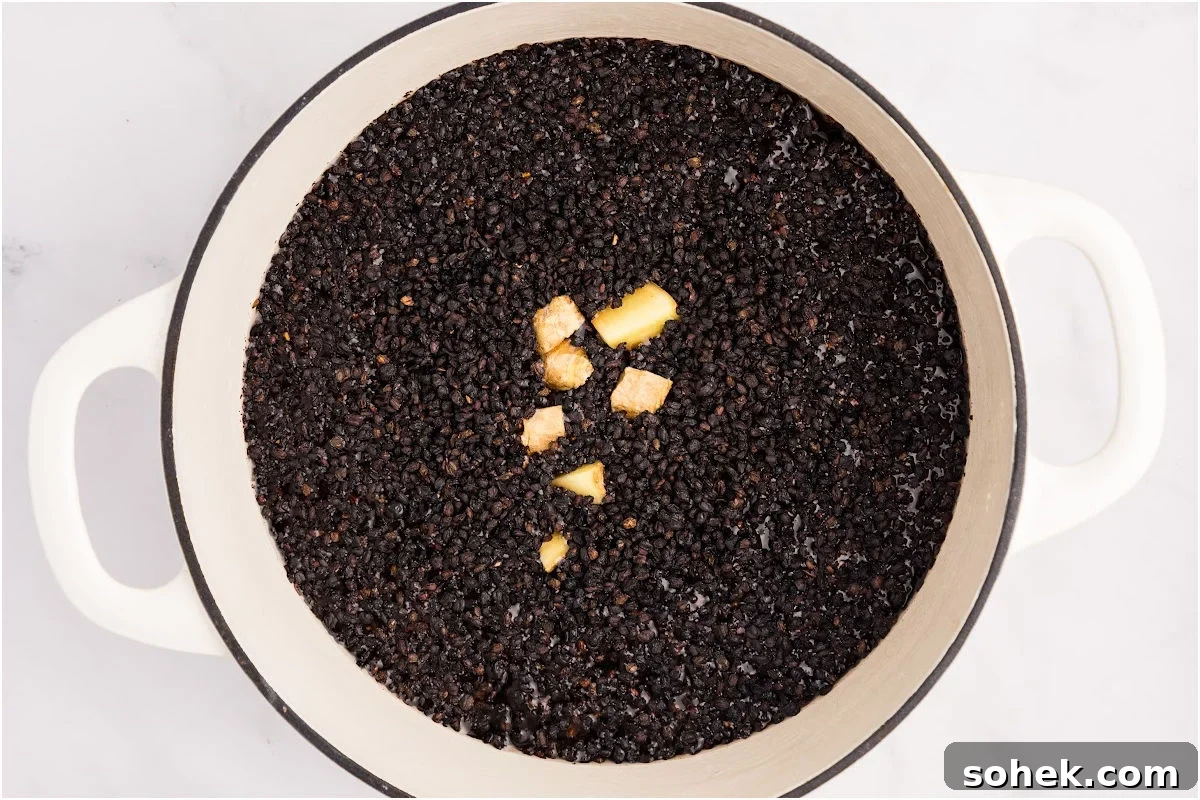 dried elderberries and ginger pieces in pot.