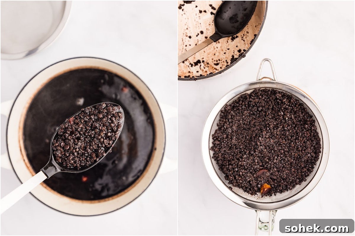 elderberry mixture in pot with spoon showing dried berries, and mixture in strainer.