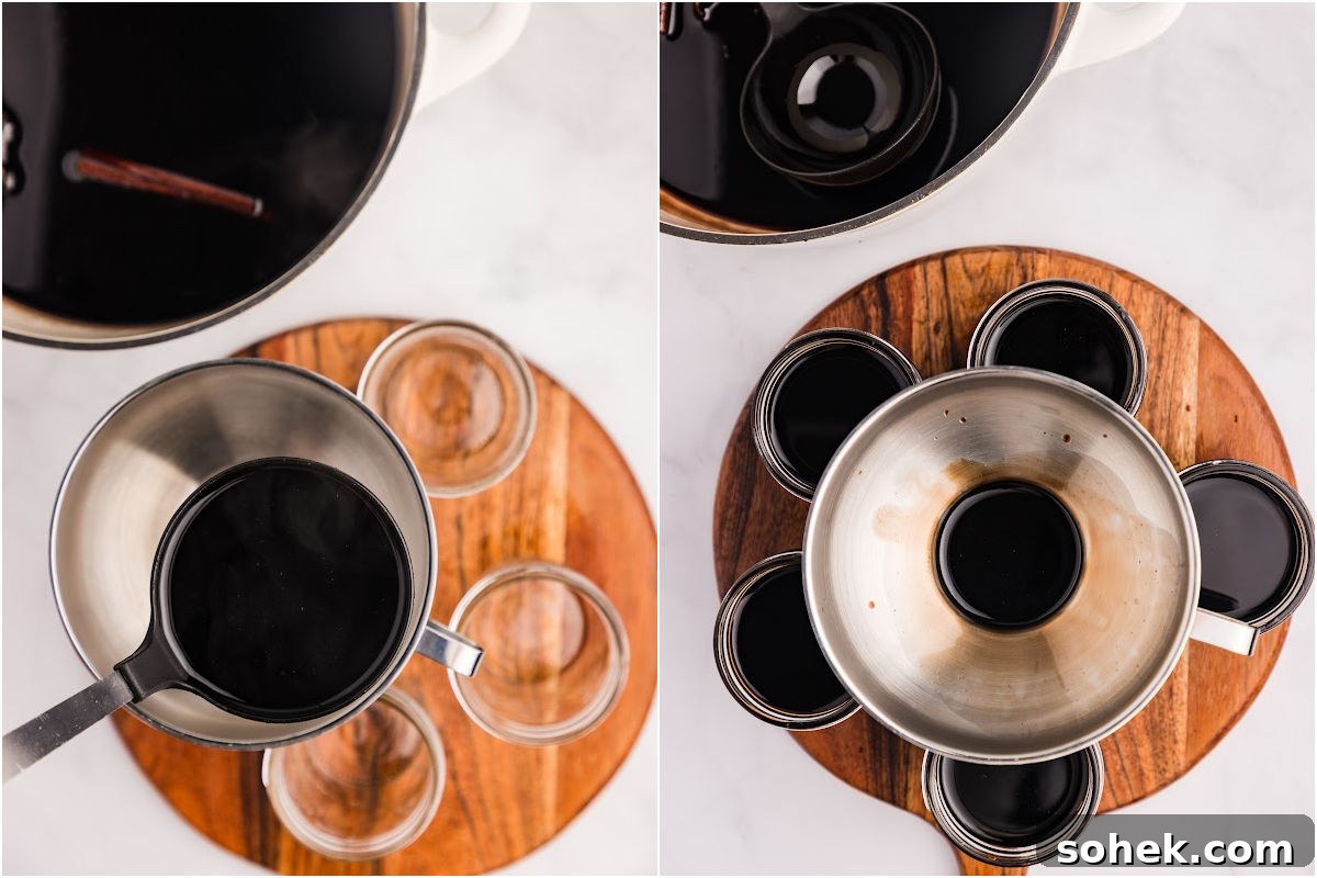 jars being filled with syrup with ladle and funnel.