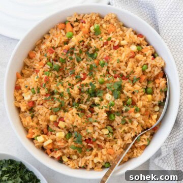 A bowl of colorful rice with mixed vegetables and a parsley garnish ready to serve.