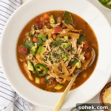 Close up of Mexican chicken soup in a white bowl.