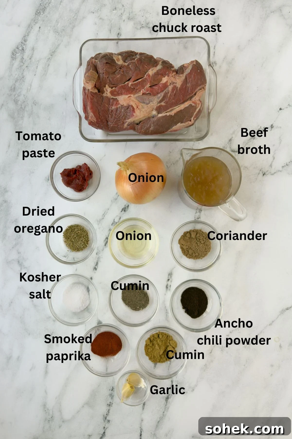 Slow Cooker Shredded Beef Recipe for Sandwiches and Tacos 3 Ingredients for slow cooker shredded beef in prep bowls, with meat, spices, onion, garlic.