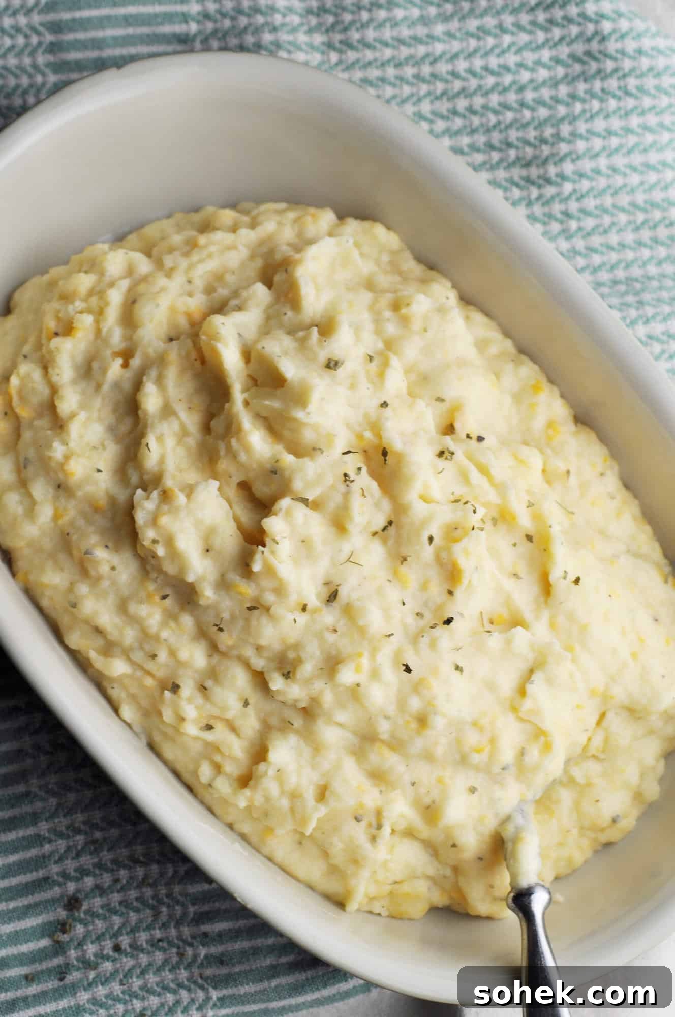 Bowl of cheesy mashed potatoes