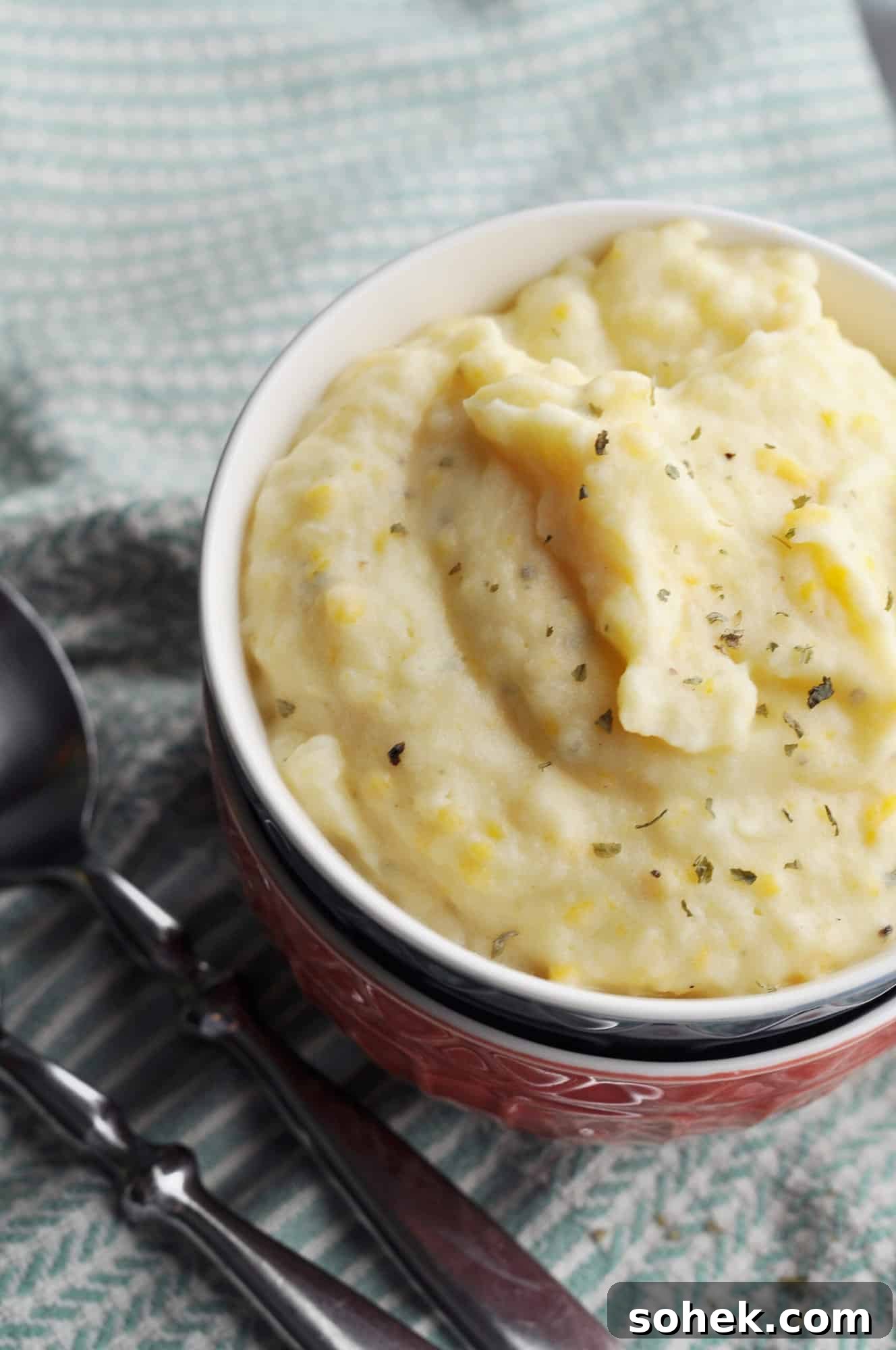 Served cheesy mashed potatoes