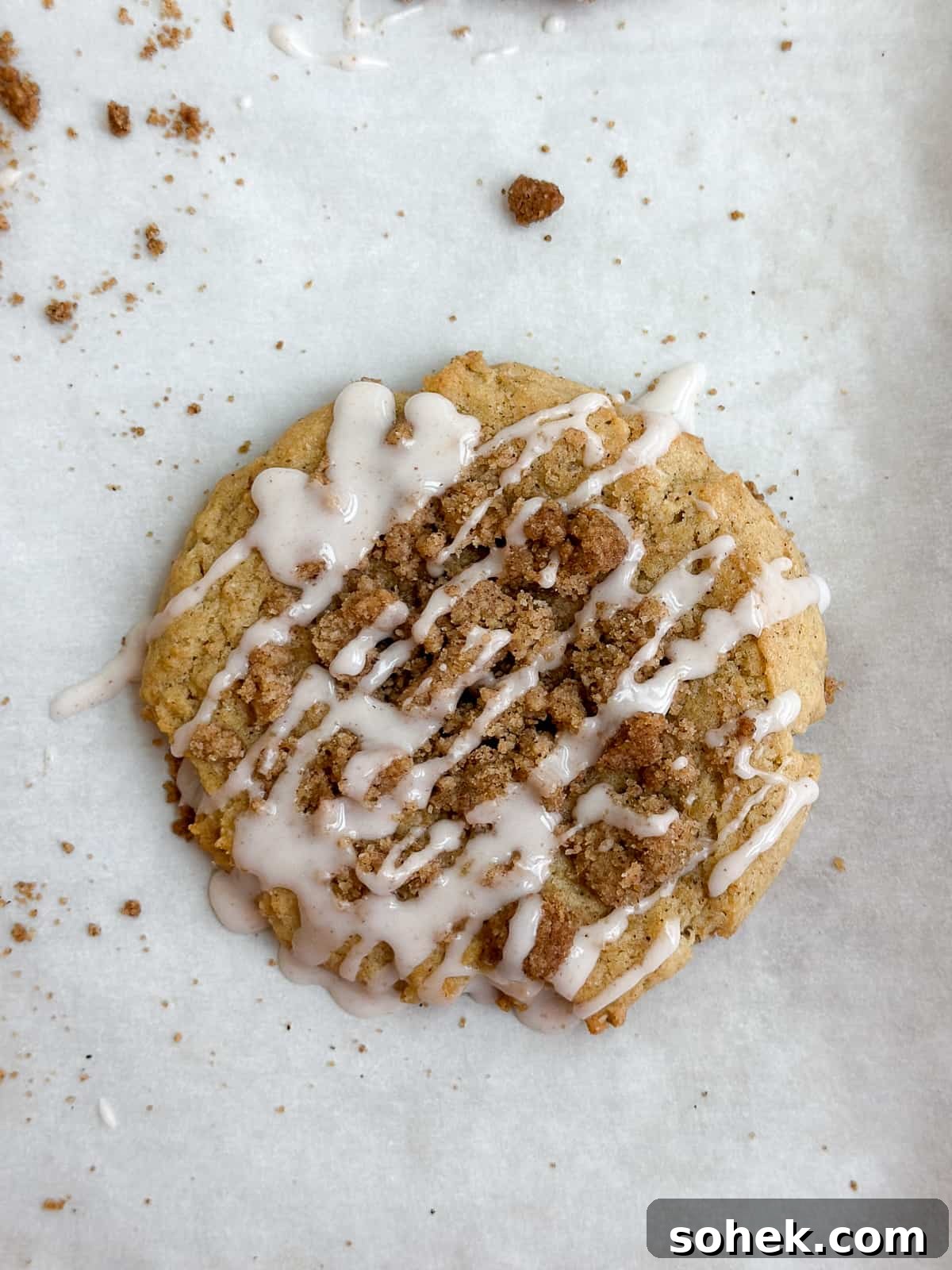 a closeup of a coffee cake cookie with crumbs scattered around.