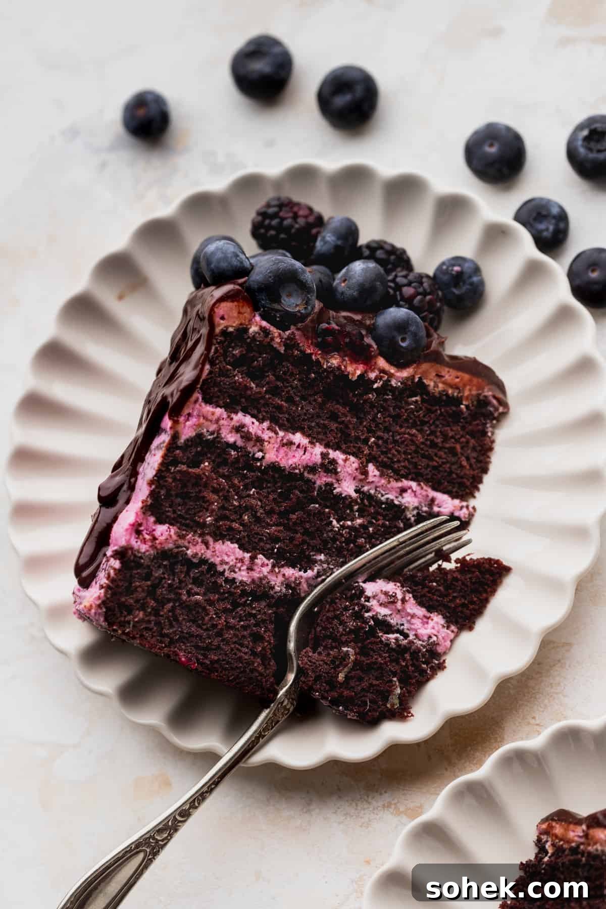 One slice of layered blueberry chocolate cake on a plate.