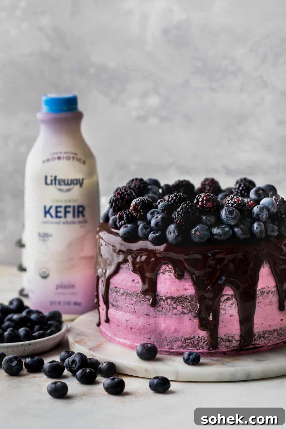 Layered blueberry chocolate cake on a marble board.