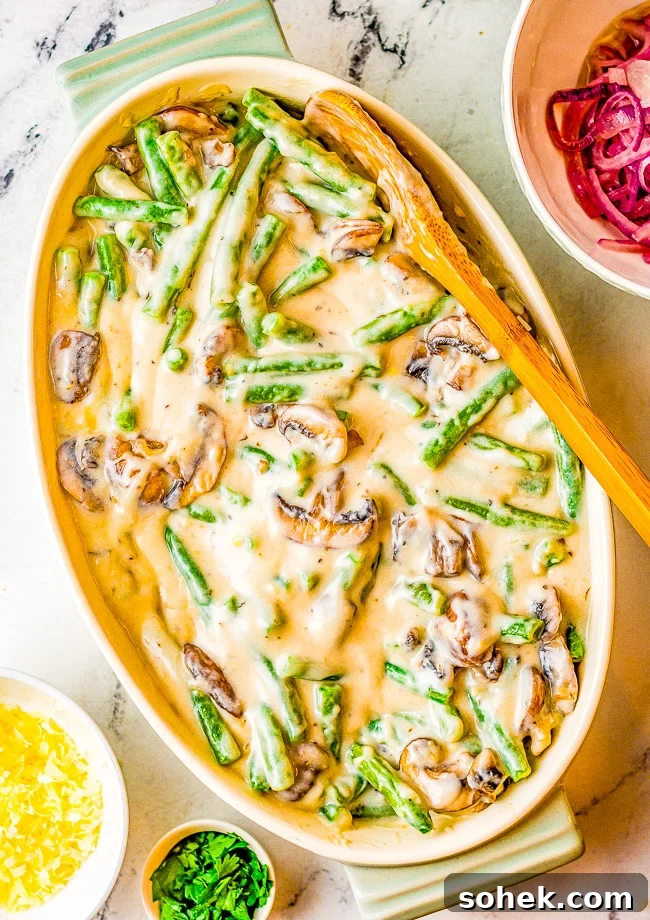 Classic Green Bean Casserole Recipe for Holiday Dinner 9 Unbaked green bean casserole in a baking dish.