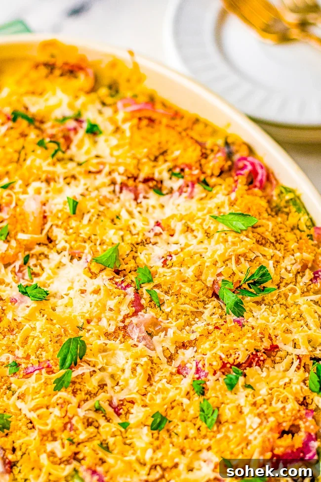 Classic Green Bean Casserole Recipe for Holiday Dinner 10 Elevated green bean casserole in a baking dish.