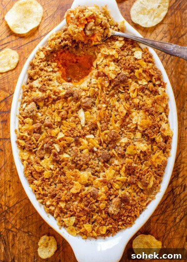 Classic Green Bean Casserole Recipe for Holiday Dinner 13 A casserole dish with a crispy golden-brown topping.