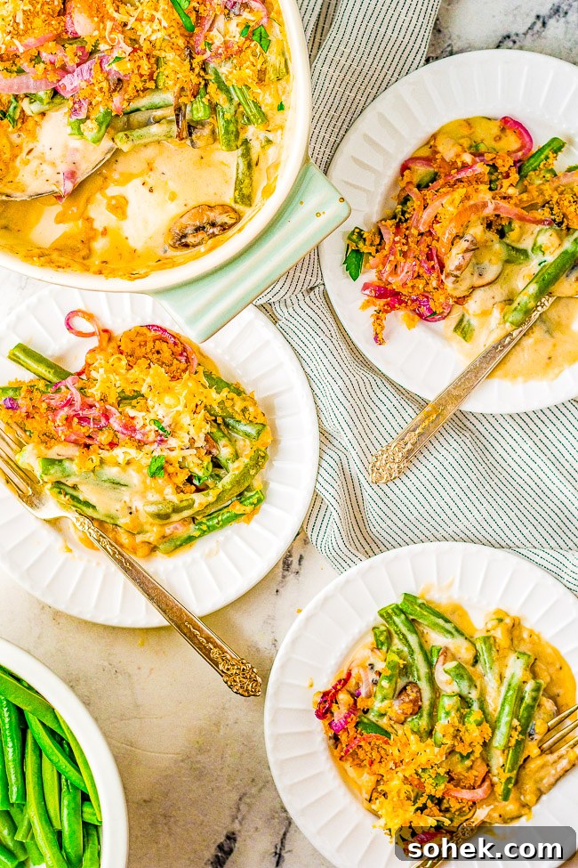 Classic Green Bean Casserole Recipe for Holiday Dinner 3 Three plates full of homemade green bean casserole.